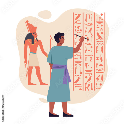 Ancient Egyptian scribe writing hieroglyphics on wall with pharaoh figure in background vector illustration 