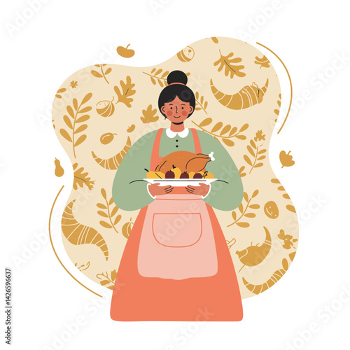 Woman holding roasted turkey in vintage apron with autumn leaves and food background vector illustration 