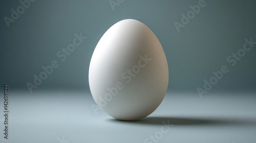 A pristine white egg stands upright on a smooth surface against a soft blue background, symbolizing purity