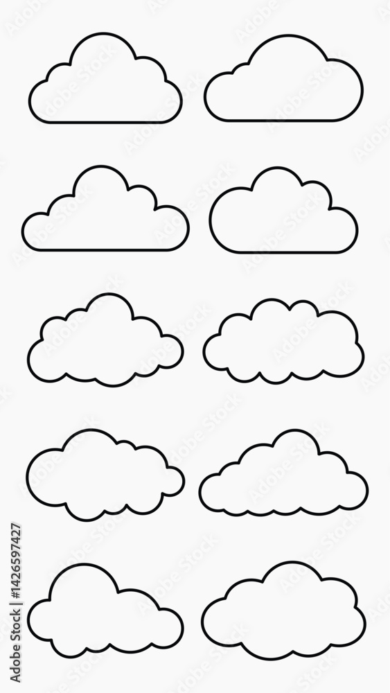 Set of 10 cloud outlines. Simple cloud shapes, cloud designs, cloud icons. Black cloud sketches on white background. Minimalist cloud illustrations. Weather illustration, vector set. Set of 10 cloud outlines. Simple cloud shapes, cloud designs, cloud icons. Black cloud sketches on white background. Minimalist cloud illustrations. Weather illustration, vector set.