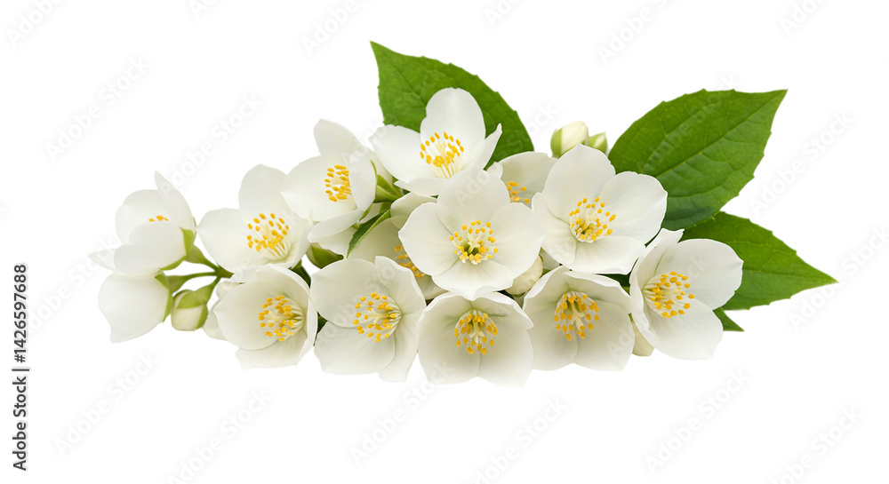 Obraz premium A cluster of white jasmine flowers with yellow centers and green leaves on a black background image view