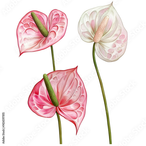 Pink Anthurium Watercolor Illustration – Exotic Tropical Flower Isolated on White Background | Botanical Artpink anthurium, anthurium watercolor, tropical flower clipart, exotic flower illustration,

