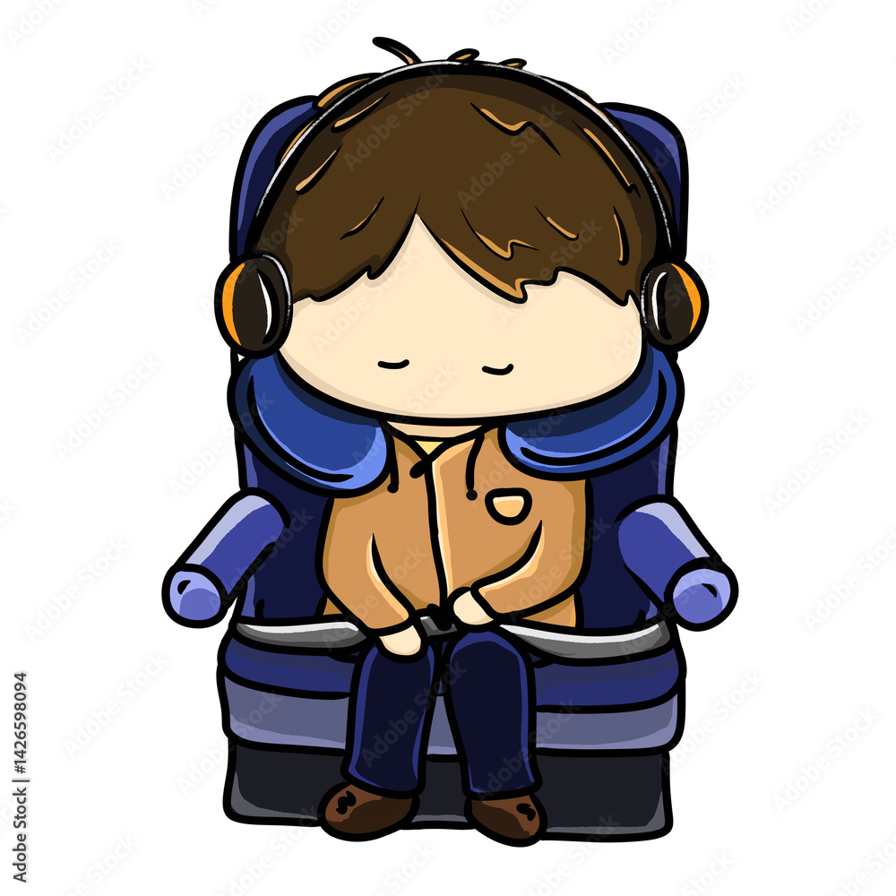 Obraz premium Sleeping on the airplane seat, and listening to music character cartoon illustration