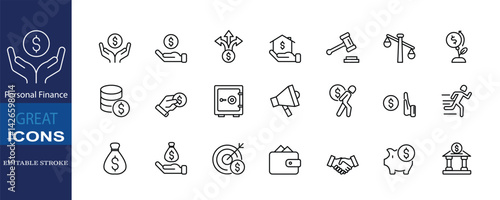 Set of icons for Personal Finance, Editable stroke. Vector illustration