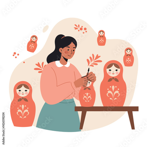 Woman painting traditional Russian nesting dolls matryoshka with floral patterns vector illustration 