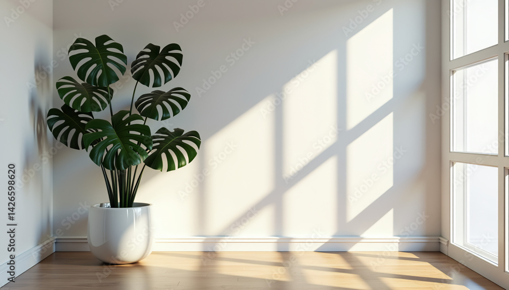 Monstera plant in white pot near sunlit window Monstera plant in white pot near sunlit window