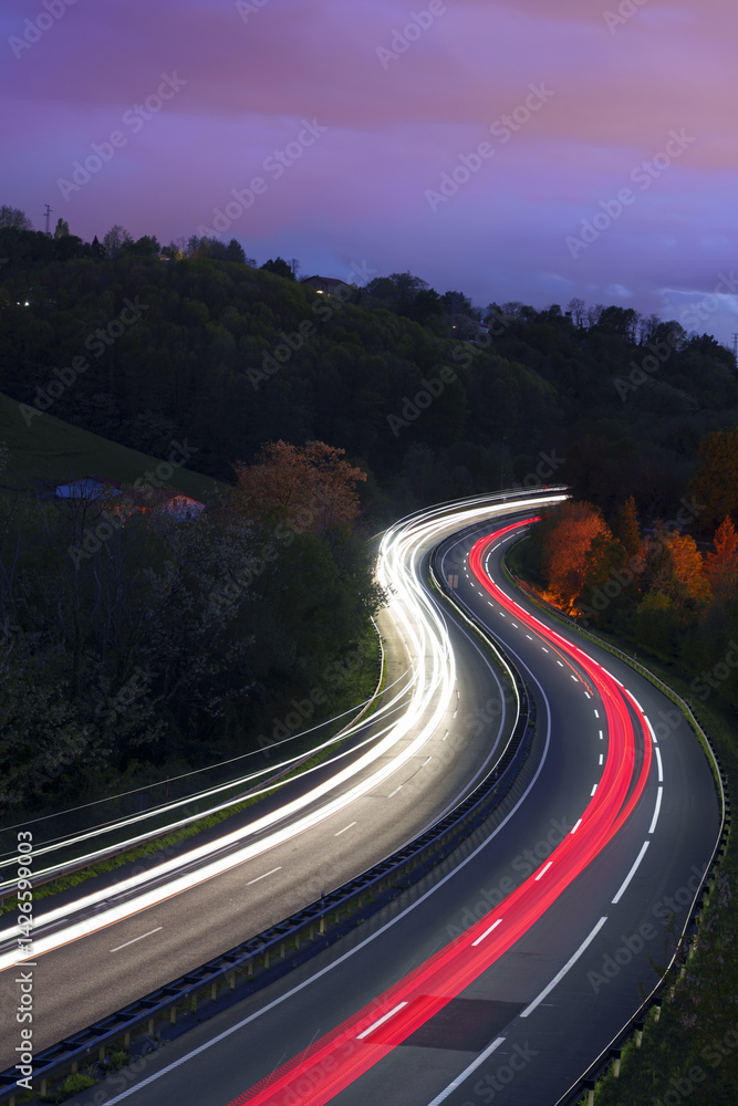 Fototapeta premium In Euskadi, the vehicle's lights glowed brightly as it moved along the highway, creating a dazzling spectacle in the night.