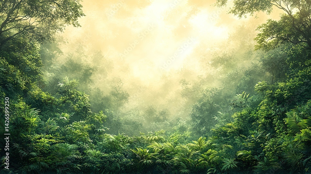 Lush, misty forest path bathed in golden sunlight. Lush green foliage and mist fill the scene, creating a serene and vibrant atmosphere Lush, misty forest path bathed in golden sunlight. Lush green foliage and mist fill the scene, creating a serene and vibrant atmosphere