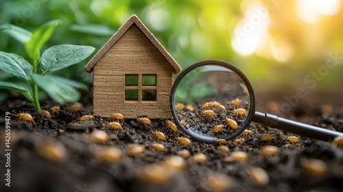 House object and magnifying glass with termite pictogram