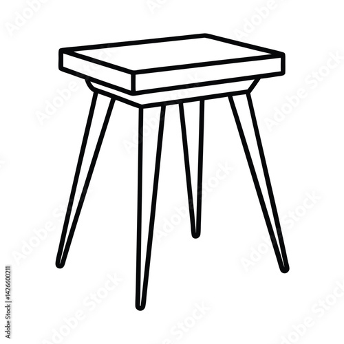 Minimalist style stool illustration with geometric square seat and tapered legs vector line art