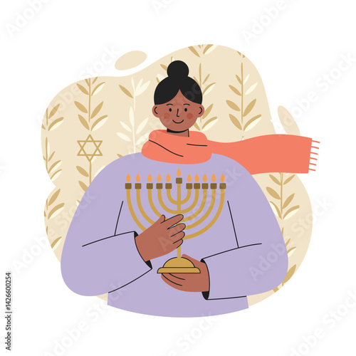 Woman holding menorah celebrating Hanukkah holiday with Star of David background vector illustration 