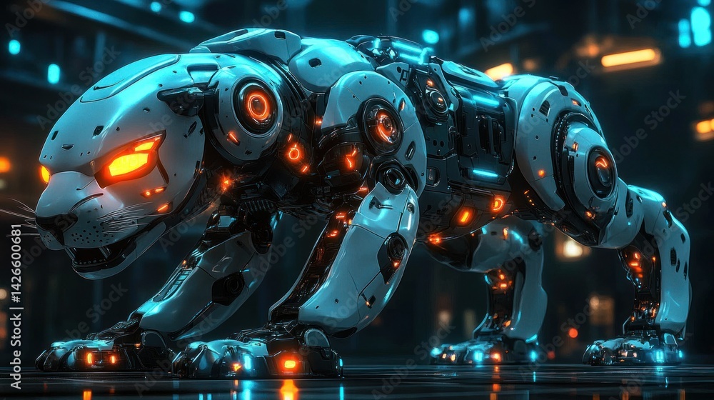 Fototapeta premium Futuristic robotic panther prowls in a dark, urban setting