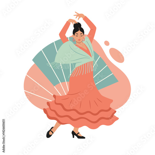 Flamenco dancer performing traditional Spanish dance with colorful fan and vibrant dress vector illustration 