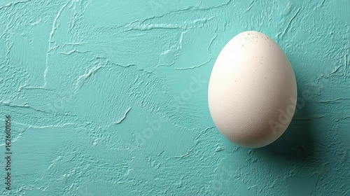 A single white egg resting against a textured turquoise background, evoking simplicity and calm