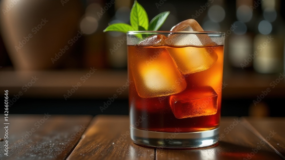Dark cocktail with ice cubes and mint garnish served in a lowball glass on a wooden bar counter, evoking bold flavor, chill vibes, and classic bar elegance. Dark cocktail with ice cubes and mint garnish served in a lowball glass on a wooden bar counter, evoking bold flavor, chill vibes, and classic bar elegance.