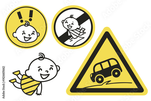 98 Yellow caution signs, baby on board symbols, cute cartoon baby illustrations, smiling infant icons, triangular and diamond road signs, circular emblem, black and yellow color scheme, simplified gra