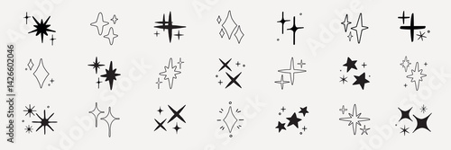 Set of abstract star and sparkle icons. Various star shapes and sparkle designs. Simple black and white star icons. Sparkle and star patterns for design. Element vector set.