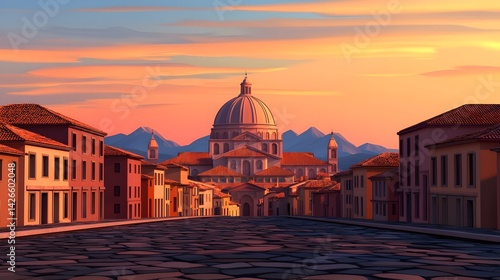 Historic buildings and canal at sunset in Venice Italy