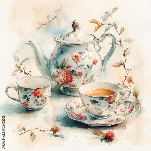 Watercolor painting of a floral tea set with teapot, cup and saucer.
