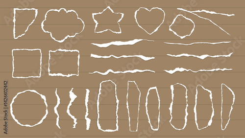 Collection of torn paper shapes on a wooden background. Torn paper includes stars, hearts, and squares. Torn paper edges add texture. Torn paper design elements. Paper outline, frame vector set.