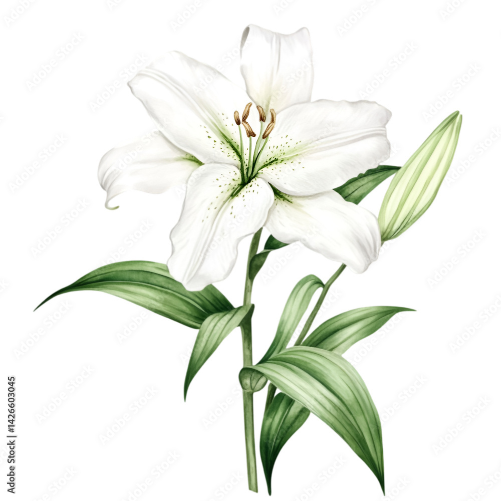 Fototapeta premium Lily Botanical Watercolor Clip Art Set – Isolated Floral Elements on White Background | AI-Generated Illustration.