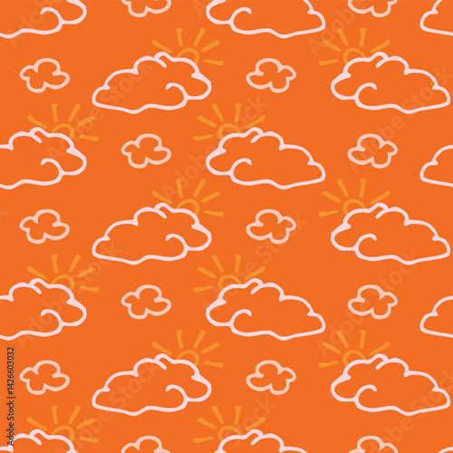Vibrant fall cloud seamless nursery pattern. Naive illustration of summer sky in hand drawn playful style for childrens nursery backdrops, wallpaper. 