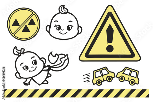 98 Yellow caution signs, baby on board symbols, cute cartoon baby illustrations, smiling infant icons, triangular and diamond road signs, circular emblem, black and yellow color scheme, simplified gra