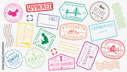 Colorful passport stamps featuring cities like New York, Tokyo, and Paris. Travel-themed design with iconic landmarks. Perfect for travel enthusiasts. Colorful travel stamps, vector set.