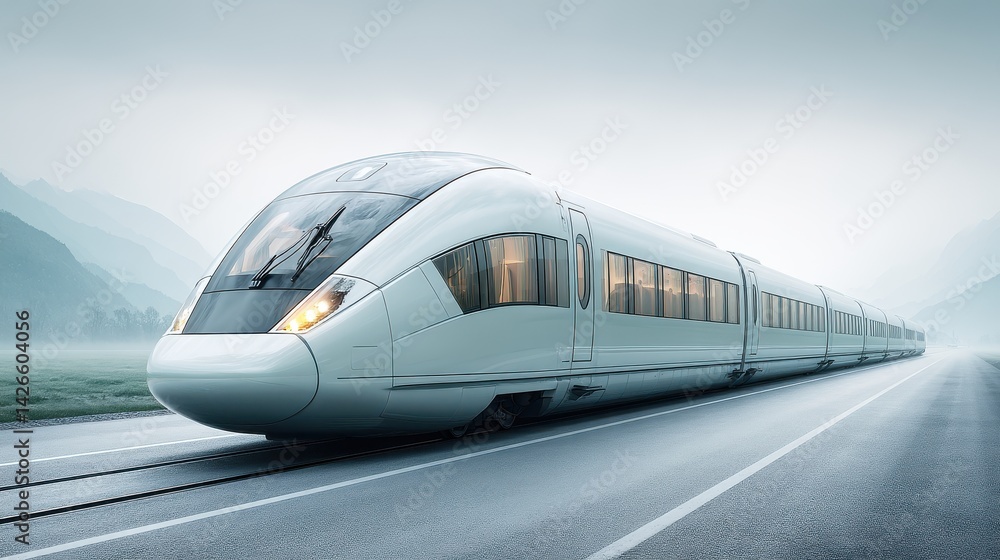 Naklejka premium Digital art of a futuristic train racing through open scenic landscape