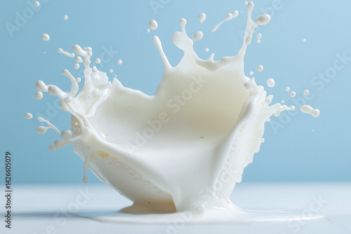 Milk splashes upward from a bowl in a high-speed capture against a light blue background, creating dynamic motion and droplets. photo