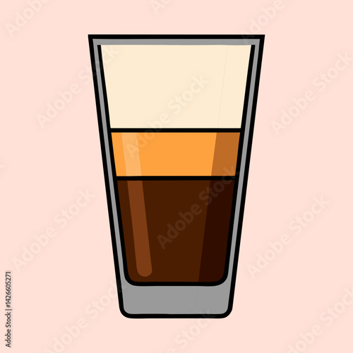 A layered coffee drink in a clear glass illustration showing espresso macchiato recipe with milk foam espresso and milk