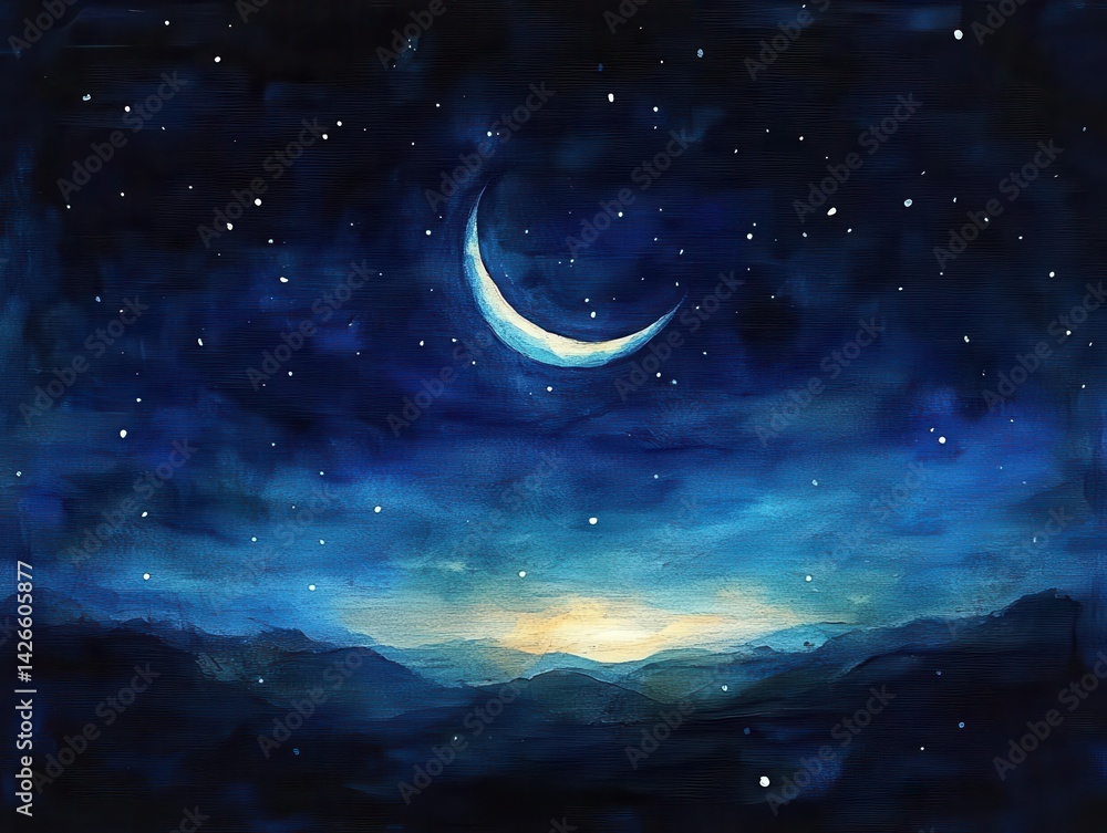 A crescent moon glows above a dark forest with mountains in the distance. A crescent moon glows above a dark forest with mountains in the distance.