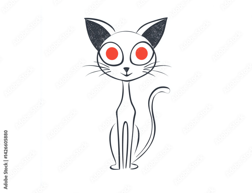 Fototapeta premium Sketchy Long-Necked Cat with Red Eyes, Spooky and Unusual, Sitting Down