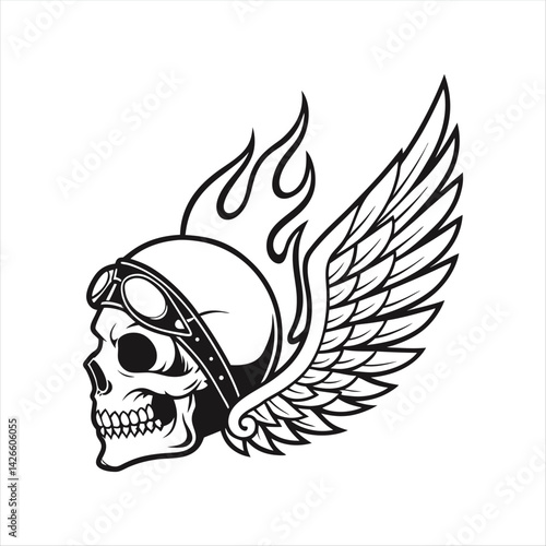 Winged Skull with Motorcycle Helmet and Goggles – Vintage Biker Tattoo Style Vector