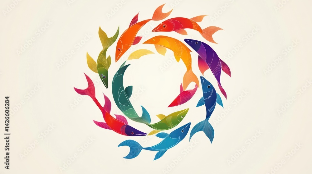 Obraz premium A vibrant circular design of colorful fish in a swirling pattern.