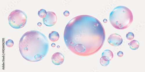 Set of colorful soap bubbles in various shades. Transparent bubbles with reflections. Bubbles in blue, pink, and rainbow hues. Glossy and translucent bubbles. Soap bubble element vector set.
