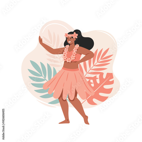 Woman dancing traditional Hawaiian hula with flower lei and grass skirt in colorful tropical leaves background vector illustration 