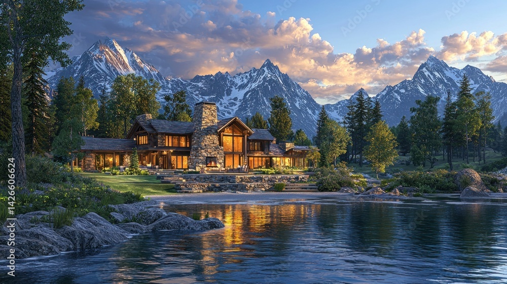 Fototapeta premium Mountain Lakefront Home at Sunset