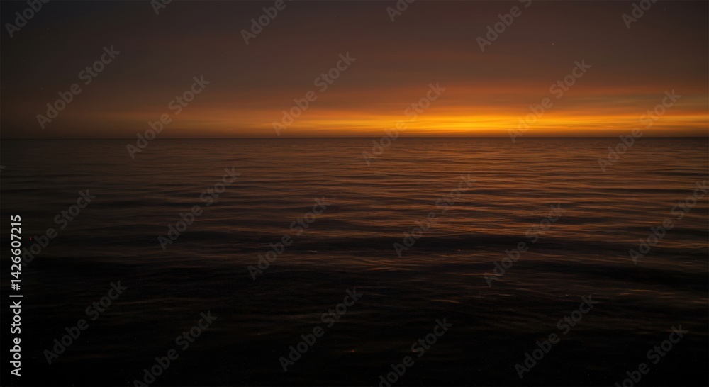 Obraz premium Generative AI - Serene Sunset Over Calm Ocean Horizon with Warm Colors and Reflective Water Surface Creating a Peaceful and Relaxing Seascape Scene at Dusk