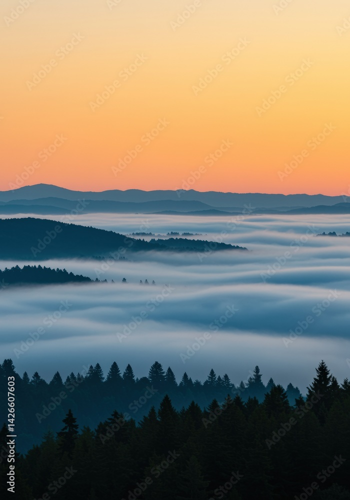 Obraz premium Generative AI - Stunning panoramic view of a misty mountain landscape at sunrise with layered silhouettes of forested hills and a colorful sky, peaceful and calming natural scenery
