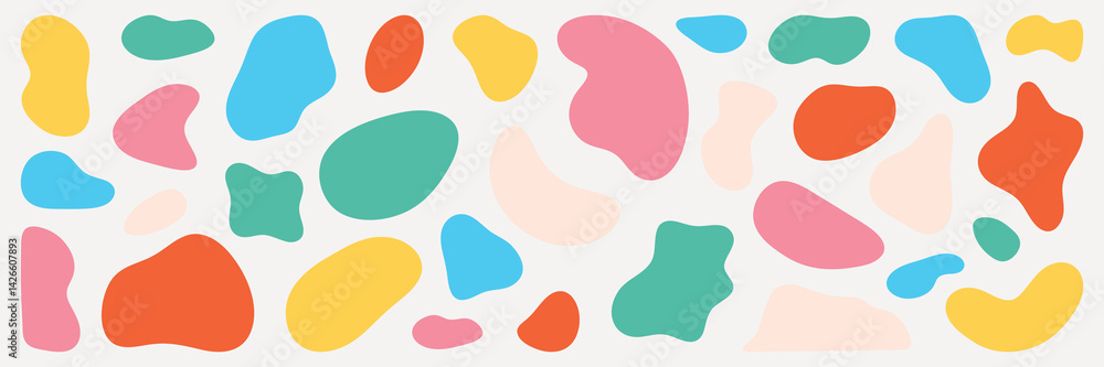 Colorful abstract shapes in various sizes and colors, including red, blue, yellow, and green. Abstract shapes create a playful, vibrant pattern. Colorful shapes, vector element set.