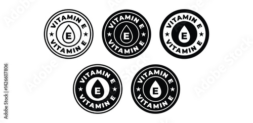 Vitamin E Icons Set Black and White Color Badge Round Shape Stamp Vector Design
