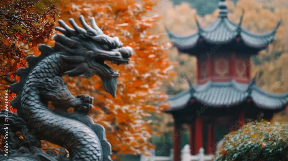 Majestic dragon statue in autumn foliage with a traditional pagoda backdrop Majestic dragon statue in autumn foliage with a traditional pagoda backdrop