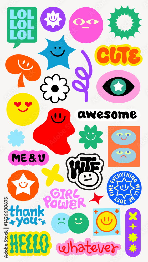 Colorful sticker set with playful designs Features smiley faces, stars, and words like 'cute', 'awesome', and 'hello' Vibrant and fun stickers for decoration Funky stickers, vector set Colorful sticker set with playful designs Features smiley faces, stars, and words like 'cute', 'awesome', and 'hello' Vibrant and fun stickers for decoration Funky stickers, vector set