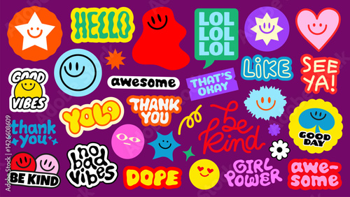 Colorful stickers with positive words like 'awesome', 'be kind', 'good vibes', and 'thank you' Bright, cheerful designs with smiley faces and fun shapes Funky stickers, vector set