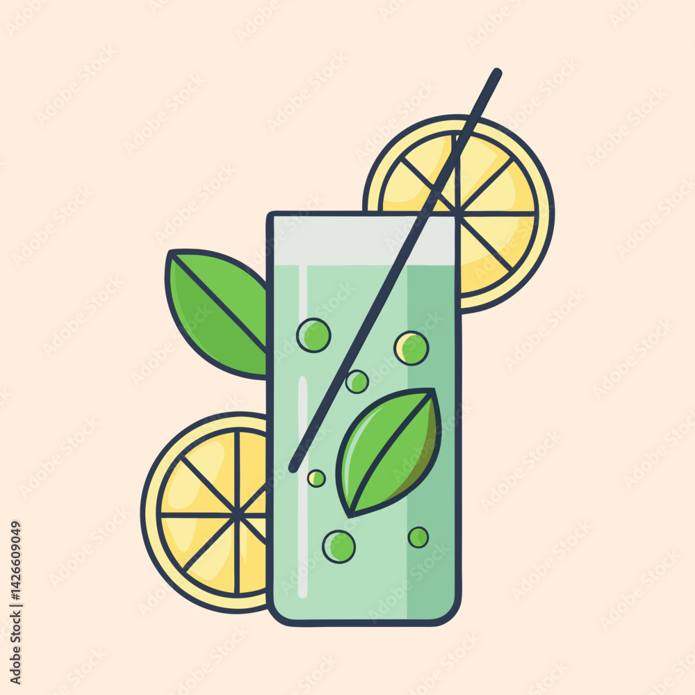 Obraz premium Refreshing Summer Lemonade Drink with Mint Leaves and Lemon Slices in Glass