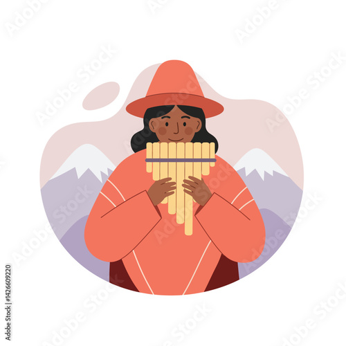 Indigenous musician playing pan flute with mountains background in traditional clothing and hat vector illustration 
