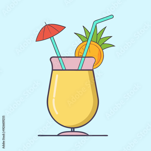 Vibrant tropical cocktail illustration with umbrella, straw and pineapple slice