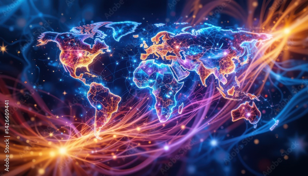 Global Network Connecting World Continents with Digital Lines Global Network Connecting World Continents with Digital Lines