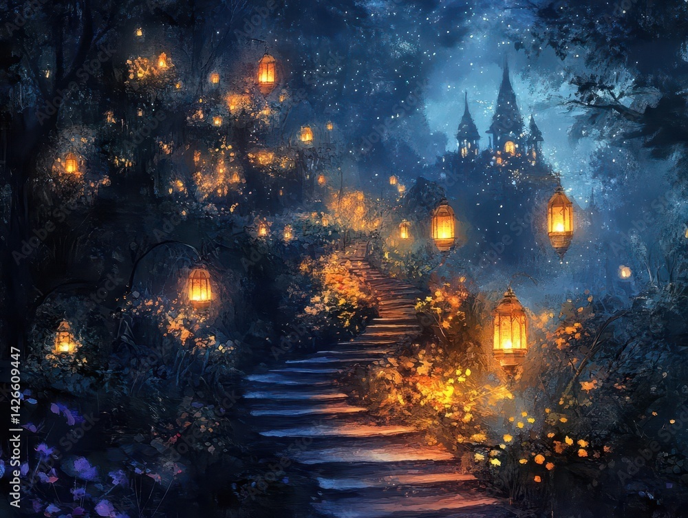 Naklejka premium Enchanted forest path leading to a magical castle at night with glowing lanterns.